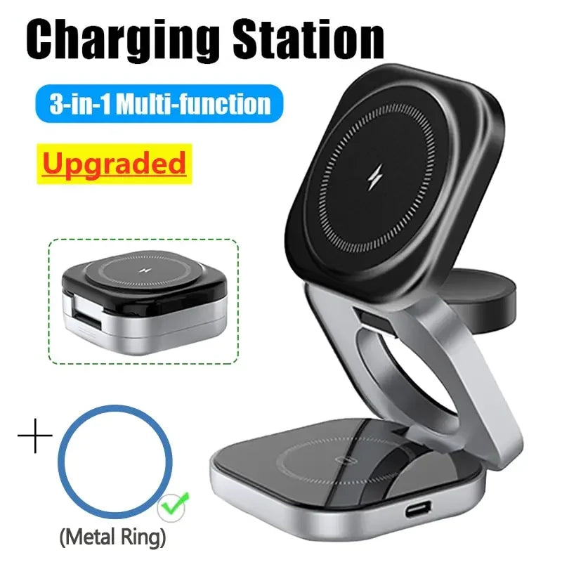 3-in-1 Foldable Magnetic Wireless Charging Stand – iPhone, Samsung, Apple Watch & AirPods Dock