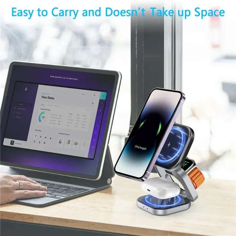 3-in-1 Foldable Magnetic Wireless Charging Stand – iPhone, Samsung, Apple Watch & AirPods Dock