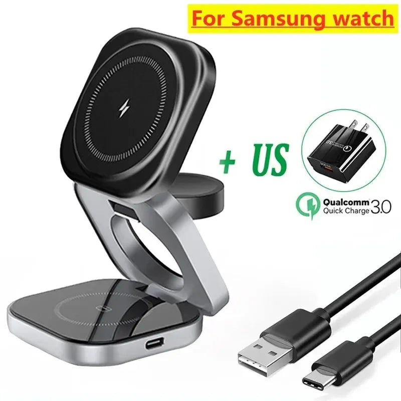 3-in-1 Foldable Magnetic Wireless Charging Stand – iPhone, Samsung, Apple Watch & AirPods Dock