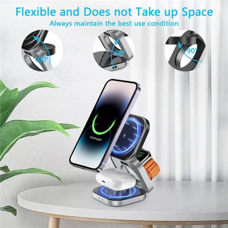 3-in-1 Foldable Magnetic Wireless Charging Stand – iPhone, Samsung, Apple Watch & AirPods Dock