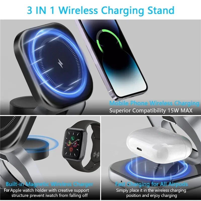 3-in-1 Foldable Magnetic Wireless Charging Stand – iPhone, Samsung, Apple Watch & AirPods Dock