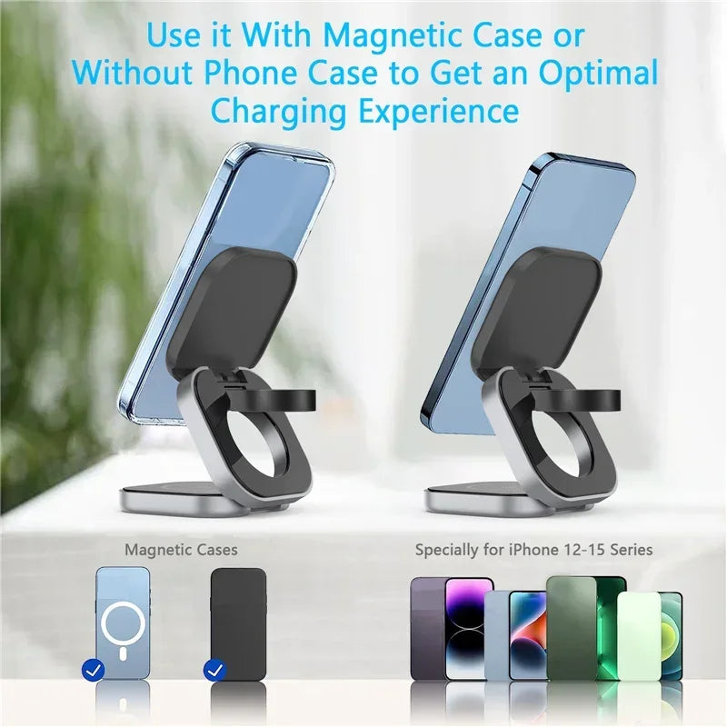 3-in-1 Foldable Magnetic Wireless Charging Stand – iPhone, Samsung, Apple Watch & AirPods Dock