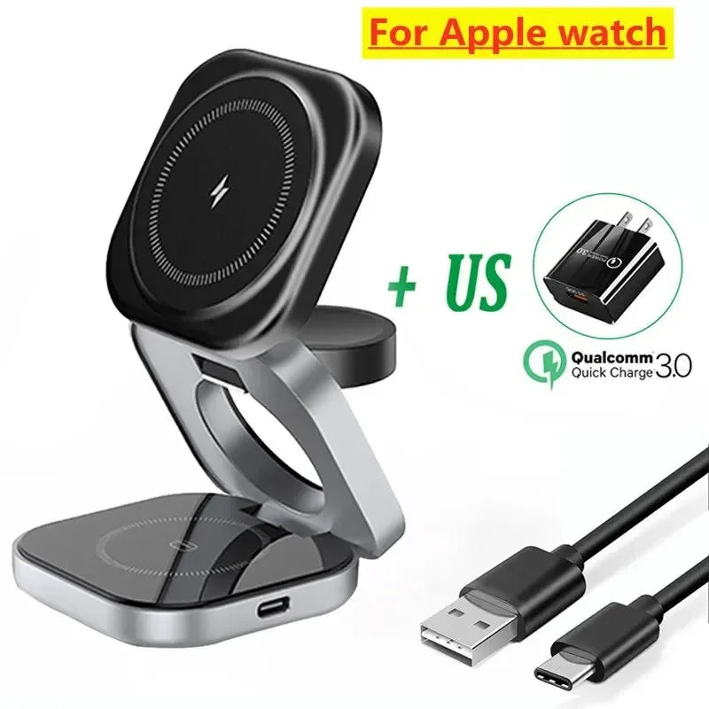 3-in-1 Foldable Magnetic Wireless Charging Stand – iPhone, Samsung, Apple Watch & AirPods Dock