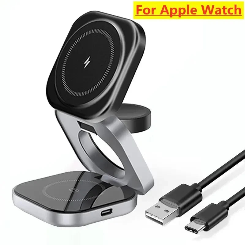 3-in-1 Foldable Magnetic Wireless Charging Stand – iPhone, Samsung, Apple Watch & AirPods Dock