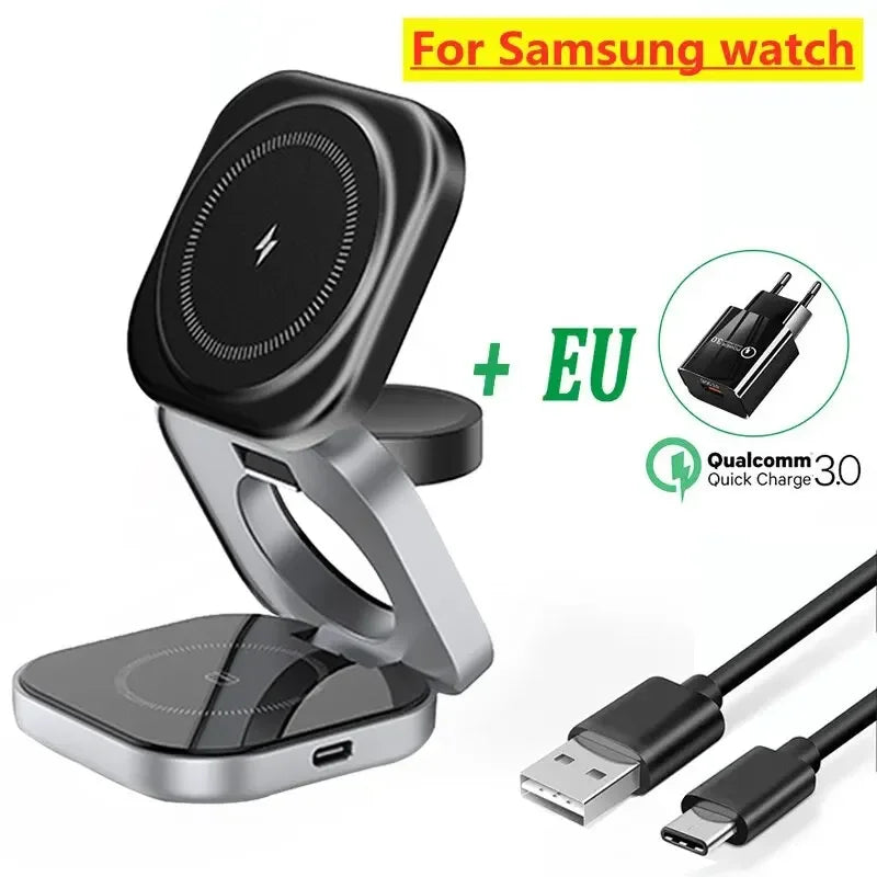 3-in-1 Foldable Magnetic Wireless Charging Stand – iPhone, Samsung, Apple Watch & AirPods Dock